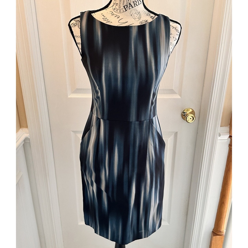 Ann Taylor‎ Silk Blue Gray Watercolor Print Fitted Pockets Classic Dress Sz 00